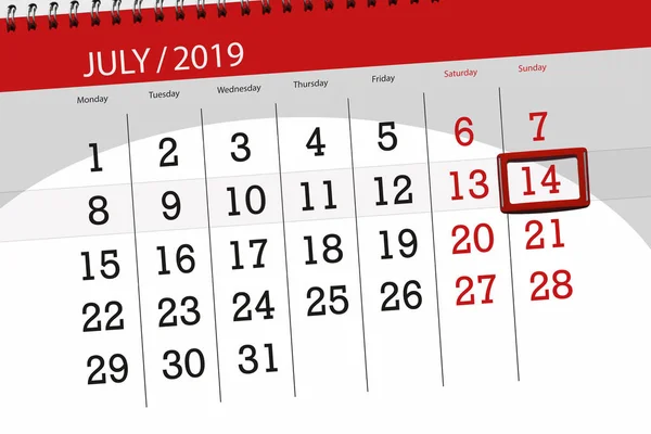 Kalender planerare för månaden juli 2019, deadline dag, 14 söndag — Stockfoto