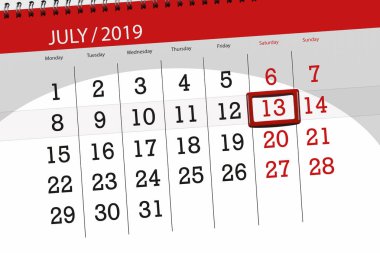Takvim Planlayıcısı ay Temmuz 2019, son gün, 13 Cumartesi