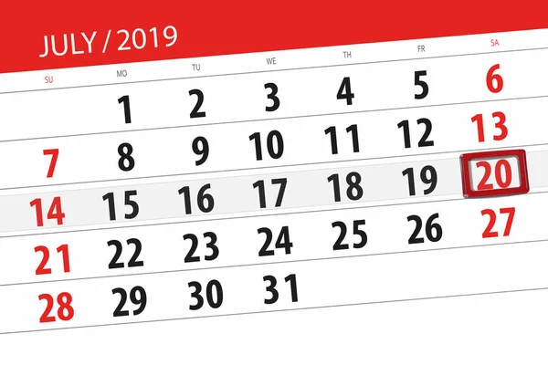 Kalenderblatt für den Monat Juli 2019, Einsendeschluss: 20. Juli — Stockfoto