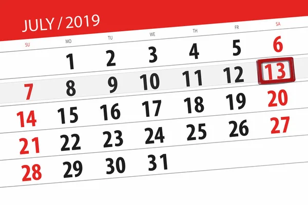 Planificador de calendario para el mes de julio de 2019, fecha límite, 13 sábado —  Fotos de Stock