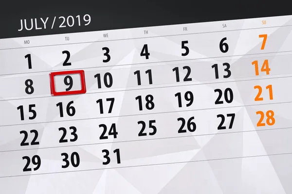 Terminarz kalendarza na miesiąc 2019 lipca, dzień ostateczny, 9 wtorek — Zdjęcie stockowe