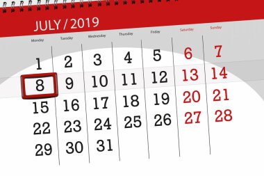 Takvim Planlayıcısı ay Temmuz 2019, son gün, 8 Pazartesi