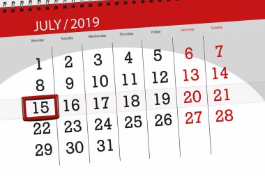 Ay Temmuz 2019, son gün, 15 Monda için Takvim Planlayıcısı