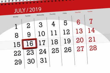 Ay Temmuz 2019 için Takvim Planlayıcısı, son gün, 16 Salı