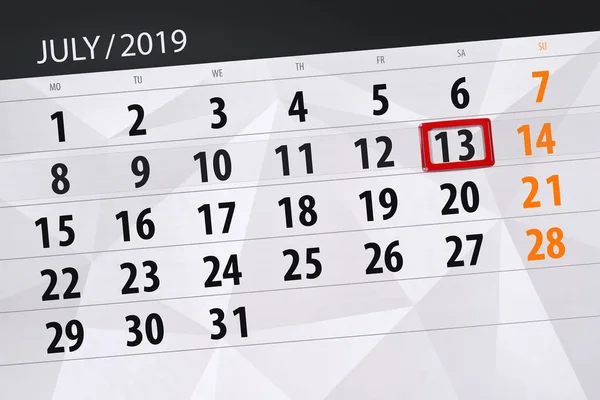 Calendário planejador para o mês julho 2019, data limite, 13 satur — Fotografia de Stock