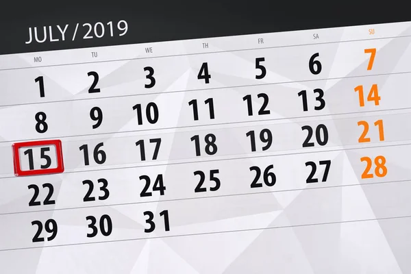 Terminarz kalendarza na miesiąc 2019 lipca, dzień ostateczny, 15 Monda — Zdjęcie stockowe