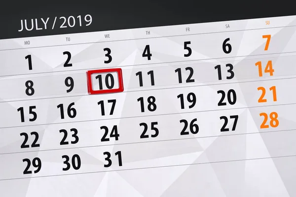 Terminarz kalendarza na miesiąc 2019 lipca, dzień ostateczny, 10 wedne — Zdjęcie stockowe