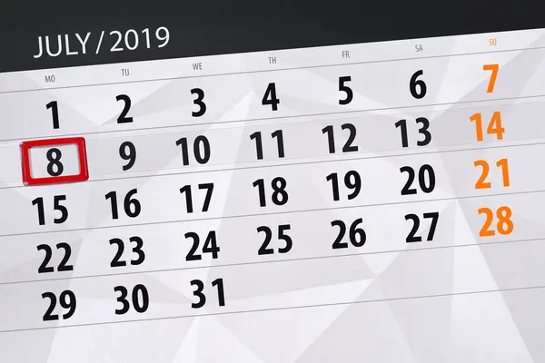 Terminarz kalendarza na miesiąc 2019 lipca, dzień ostateczny, 8 poniedziałek — Zdjęcie stockowe