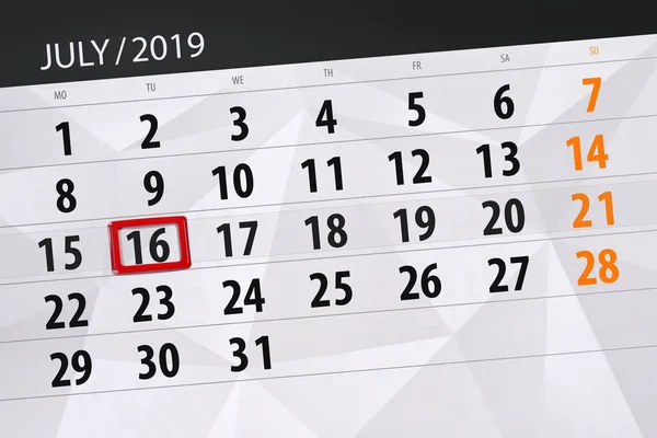 Kalender planerare för månaden juli 2019, deadline dag, 16 lörda — Stockfoto