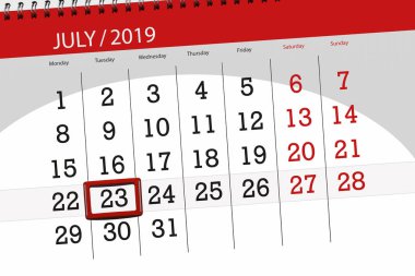 Temmuz 2019 ayı takvim planlayıcısı, son gün, 23 tuesd