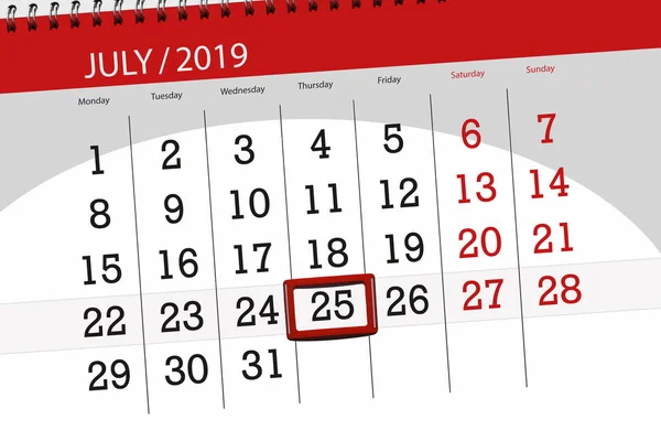 Temmuz 2019 ayı takvim planlayıcısı, son gün, 25 perşembe — Stok fotoğraf