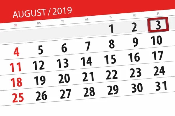 Kalenderblatt für den Monat, Einsendeschluss der Woche 2019 August, 3, Samstag — Stockfoto