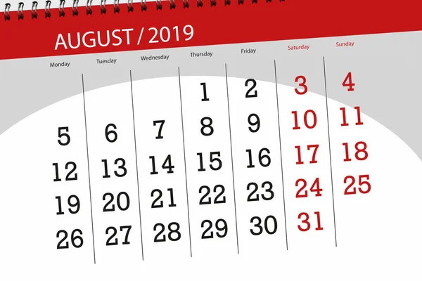 Planejador de calendário para o mês, data limite do dia da semana 2019 agosto — Fotografia de Stock