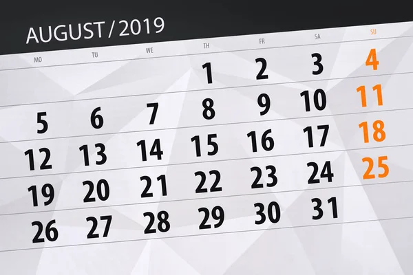 Terminarz kalendarza dla miesiąca, ostateczny dzień tygodnia 2019 sierpnia — Zdjęcie stockowe
