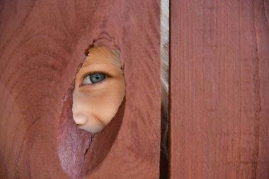 The eye of the girl looks through a hole in the fence clipart