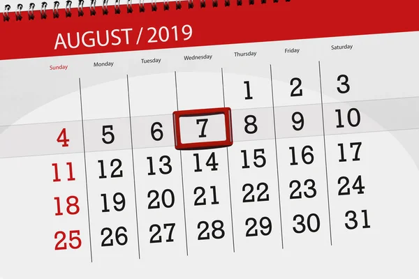 Kalenderblatt für den Monat, Stichtag der Woche 2019, 7. August, Mittwoch — Stockfoto
