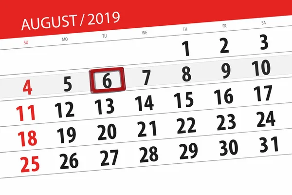 Kalenderblatt für den Monat, Stichtag der Woche 2019, 6. August, Dienstag — Stockfoto