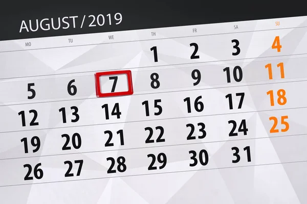 Calendrier planificateur pour le mois, date limite de la semaine 2019 août, 7, mercredi — Photo