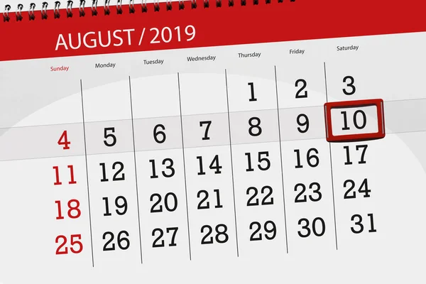 Terminarz kalendarza dla miesiąca, ostateczny dzień tygodnia 2019 sierpnia, 10, sobota — Zdjęcie stockowe