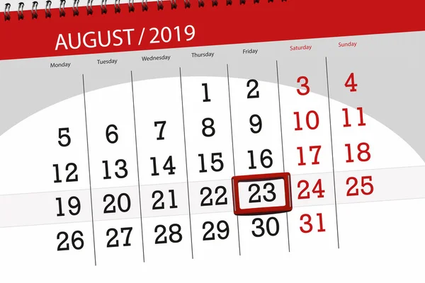 Calendario pianificatore per il mese, termine ultimo giorno della settimana 2019 agosto, 23, venerdì — Foto Stock