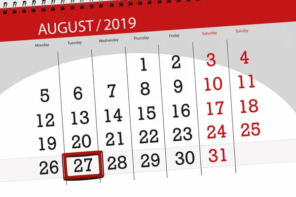 Calendario per il mese, termine ultimo giorno della settimana 2019 agosto, 27, martedì — Foto Stock