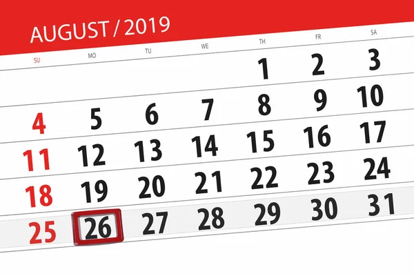 Kalenderblatt für den Monat, Stichtag der Woche 2019 26. August, Montag — Stockfoto