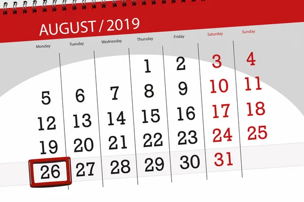 Calendario per il mese, termine ultimo giorno della settimana 2019 agosto, 26, lunedì — Foto Stock