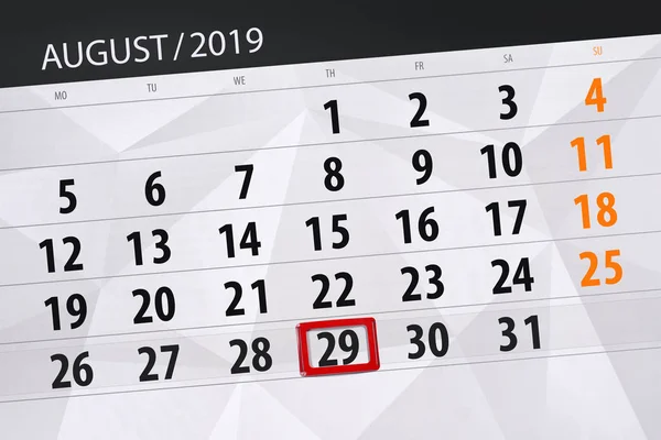 Calendar planner for the month, deadline day of the week 2019 august, 29, Thursday — Stock Photo, Image