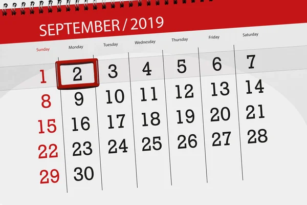 Calendario per il mese settembre 2019, giorno di scadenza, 2, lunedì — Foto Stock