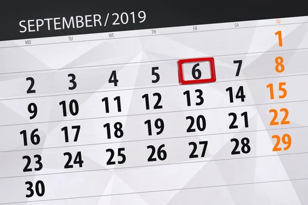 Takvim Planlayıcısı ay Eylül 2019, son gün, 6, Cuma — Stok fotoğraf