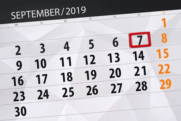 Ay Eylül 2019, son gün, 7, Cumartesi için Takvim Planlayıcısı — Stok fotoğraf