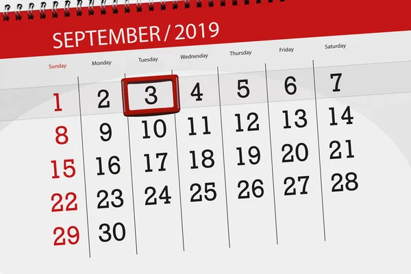 Kalendář kalendáře pro měsíc září 2019, konečný den, 3, úterý — Stock fotografie