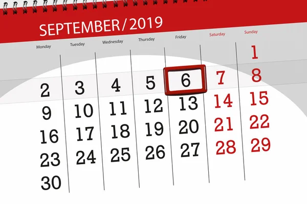 Planificador de calendario para el mes septiembre 2019, fecha límite, 6, viernes —  Fotos de Stock