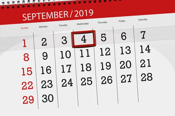 Kalendář kalendáře pro měsíc září 2019, konečný den, 4, středa — Stock fotografie