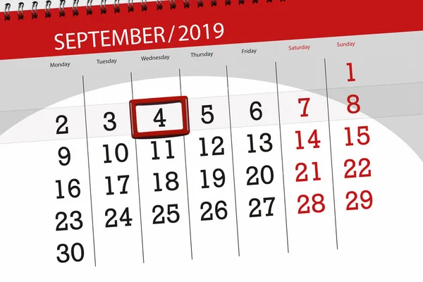 Kalendář kalendáře pro měsíc září 2019, konečný den, 4, středa — Stock fotografie