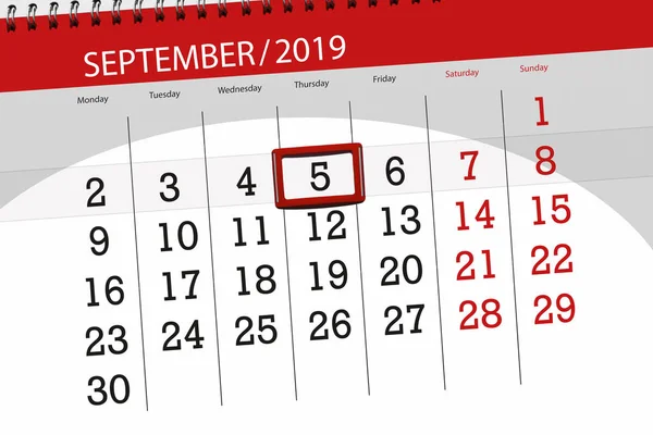 Takvim Planlayıcısı ay Eylül 2019, son gün, 5, Perşembe — Stok fotoğraf