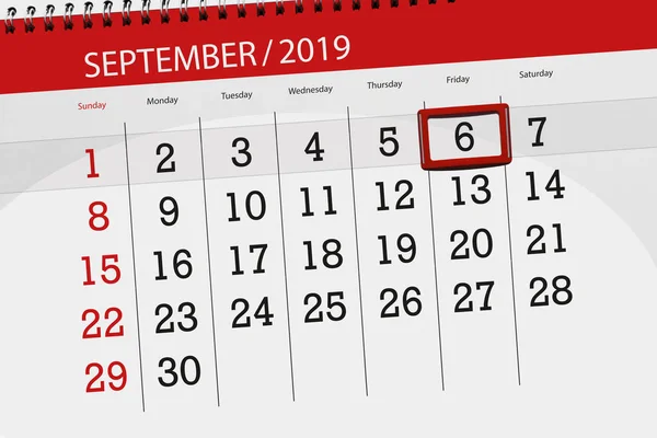 Calendario per il mese settembre 2019, giorno di scadenza, 6, venerdì — Foto Stock