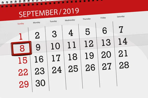 Calendario per il mese settembre 2019, giorno di scadenza, 8, domenica — Foto Stock