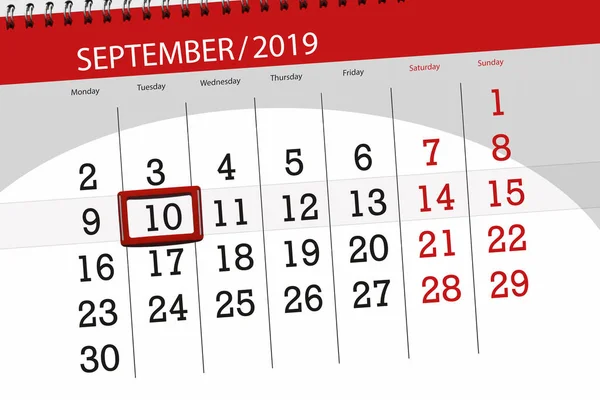 Eylül 2019 ayı için takvim planlayıcısı, son gün, 10, Salı — Stok fotoğraf