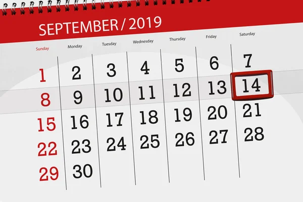 Calendario per il mese settembre 2019, giorno di scadenza, 14, sabato — Foto Stock