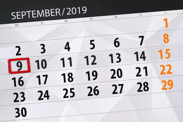 Eylül 2019 ayı takvim planlayıcısı, son gün, 9, pazartesi — Stok fotoğraf