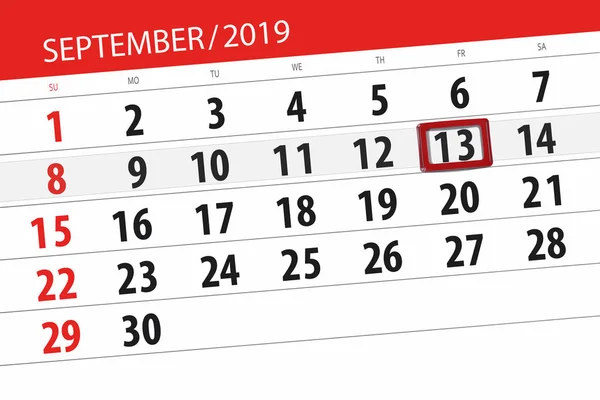 Kalenderblatt für den Monat September 2019, Einsendeschluss, 13., Freitag — Stockfoto