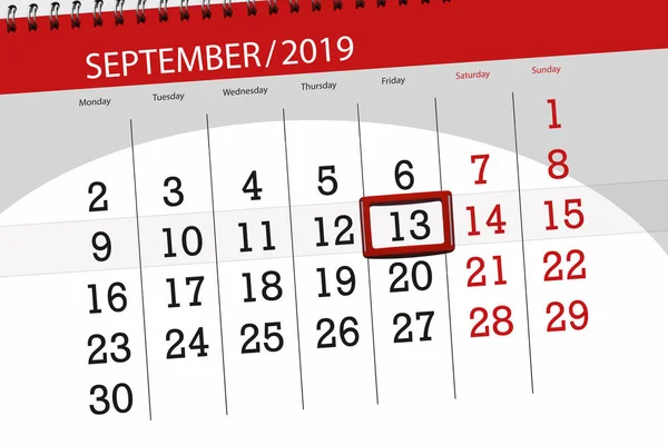 Calendário planejador para o mês setembro 2019, data limite, 13, sexta-feira — Fotografia de Stock