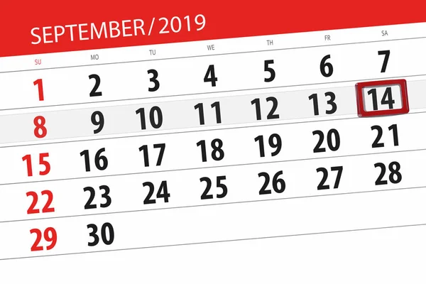 Kalenderblatt für den Monat September 2019, Einsendeschluss: 14., Samstag — Stockfoto