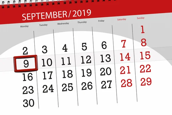 Calendario per il mese settembre 2019, giorno di scadenza, 9, lunedì — Foto Stock