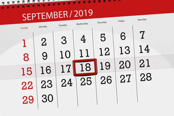 Calendário planejador para o mês setembro 2019, data limite, 18, quarta-feira — Fotografia de Stock