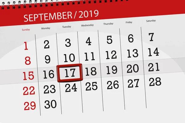 Calendário planejador para o mês setembro 2019, data limite, 17, terça-feira — Fotografia de Stock