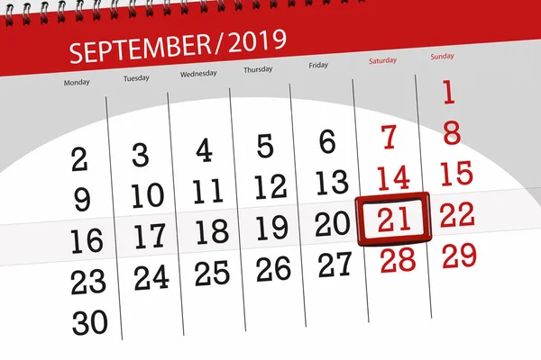 Planificador de calendario para el mes septiembre 2019, fecha límite, 21, sábado —  Fotos de Stock