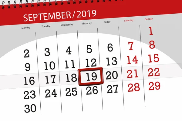 Calendario per il mese settembre 2019, giorno di scadenza, 19, giovedì — Foto Stock