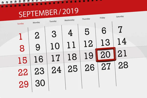 Calendário planejador para o mês setembro 2019, data limite, 20, sexta-feira — Fotografia de Stock